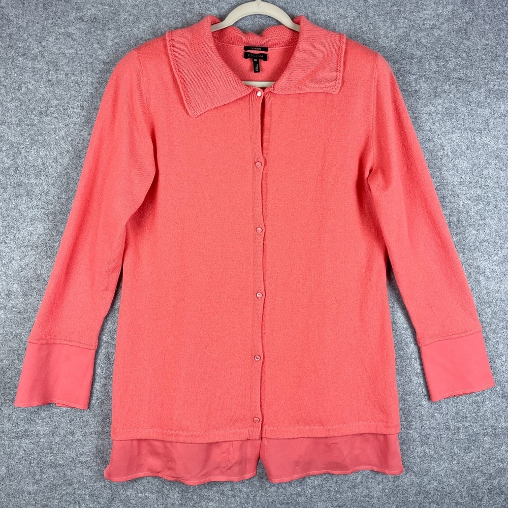 Escada Cashmere Cardigan Sweater Womens XL Pink Silk Trim Quiet Luxury Italy